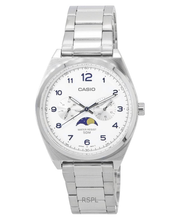 Renoverad Casio Standard Analog Moon Phase White Dial Quartz MTP-M300D-7A herrklocka