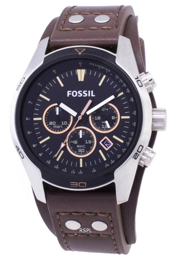 Fossila Coachman Chronograph Black Dial brun läder CH2891 mäns klocka