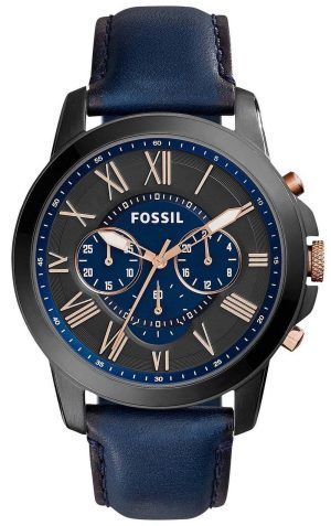 Fossil Grant Chronograph Svart och blå urtavla blått läder FS5061 herrklocka