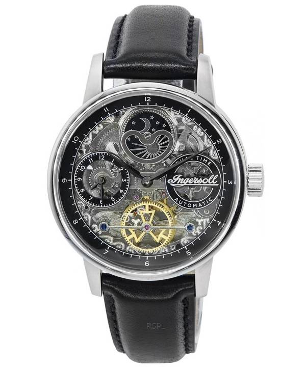 Ingersoll The Jazz Sun and Moon Phase Läderrem Skeleton Silver Dial Automatisk I07701 Herrklocka