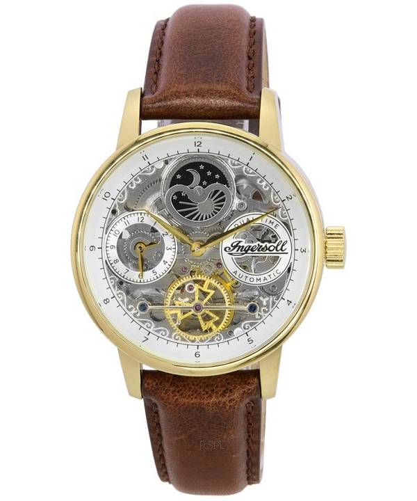 Ingersoll The Jazz Moon Phase Läderrem Skeleton Gold Dial Automatisk I07704 Herrklocka