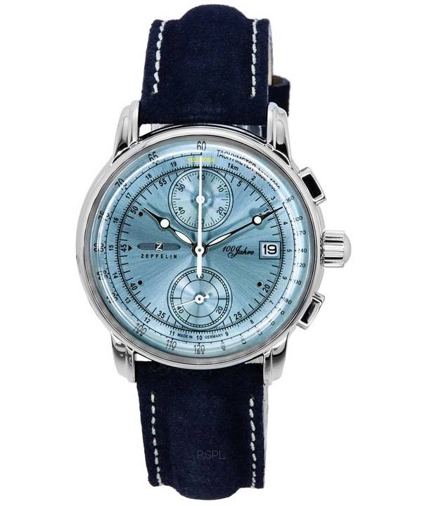 Zeppelin 100 Jahre Chronograph Läderrem Ice Blue Dial Quartz 86704 Herrklocka