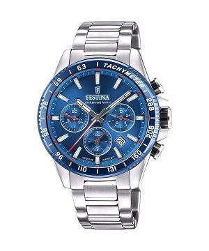 Festina tidlös kronograf rostfritt stål blå urtavla Quartz F20560-3 100M herrklocka