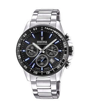 Festina tidlös kronograf rostfritt stål svart urtavla Quartz F20560-5 100M herrklocka