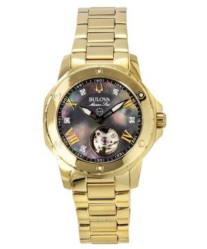 Bulova Marine Star Gold Tone Rostfritt Stål Svart Pärlemor Urtavla Automatisk 97P171 100M Damklocka