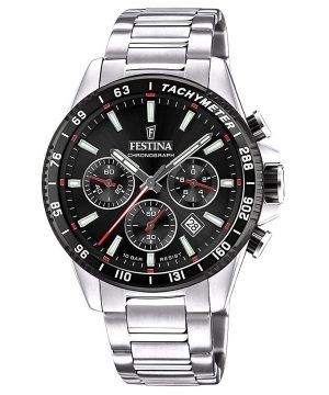 Festina tidlös kronograf rostfritt stål svart urtavla Quartz F20560-6 100M herrklocka