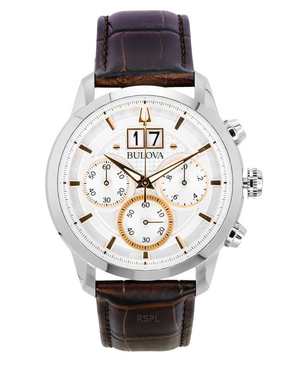 Bulova Sutton Big Date Chronograph Brunt läderband Silver Urtavla Quartz 96B309 Herrklocka