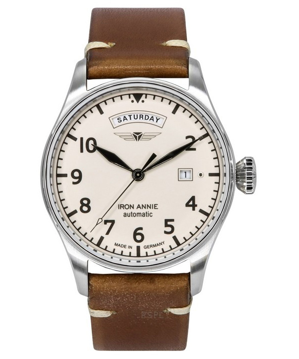 Iron Annie Flight Control Brunt läderband Beige Full Luminous Dial Automatisk 51643 Herrklocka