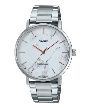 Casio standard analog rostfritt stål marmorinspirerad vit urtavla Quartz MTP-VT01DM-7A herrklocka