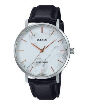 Casio Standard Analog Svart Läderrem Marmorinspirerad Vit Urtavla Quartz MTP-VT01LM-7A Herrklocka