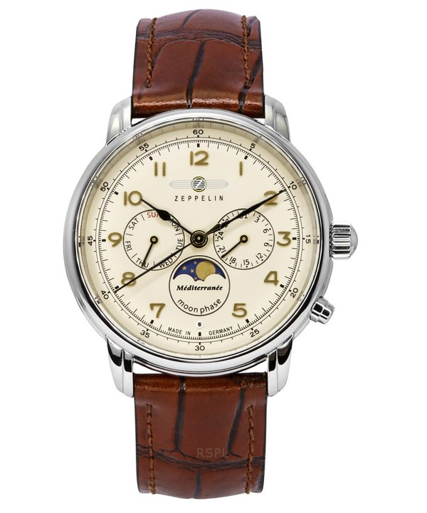 Zeppelin Mediterranean Moon Phase Läderrem Beige Urtavla Quartz 96365 Herrklocka