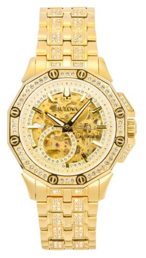 Bulova Octava Crystal Accenter Rostfritt stål Skelett Guld Urtavla Automatisk 98A292 Herrklocka