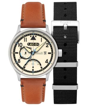 AVI-8 Hawker Hurricane Mckellar Dual Time Brun Beige Läderrem Krämurtavla AV-4101-0C Quartz Herrklocka med extra rem