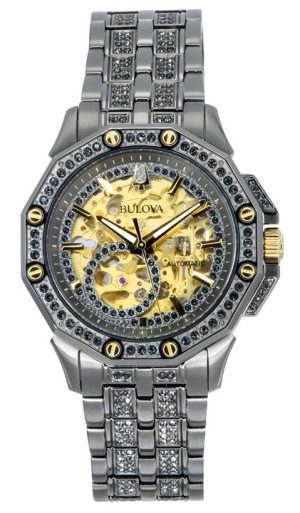 Bulova Octava Crystal Accenter Rostfritt stål Skelett Guld Urtavla Automatisk 98A293 Herrklocka