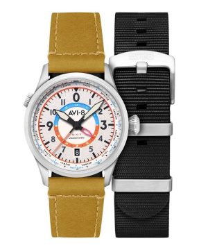 AVI-8 Flyboy Wingman Worldtimer GMT Automatisk sandgrönt band Cream Urtavla AV-4120-02 Herrklocka med extra rem