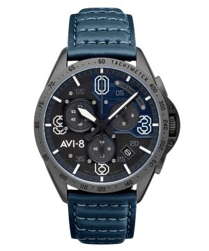 AVI-8 P-51 Mustang Blakeslee Chronograph Air Blue Läderrem Grå och blå Urtavla Quartz AV-4077-04 Herrklocka